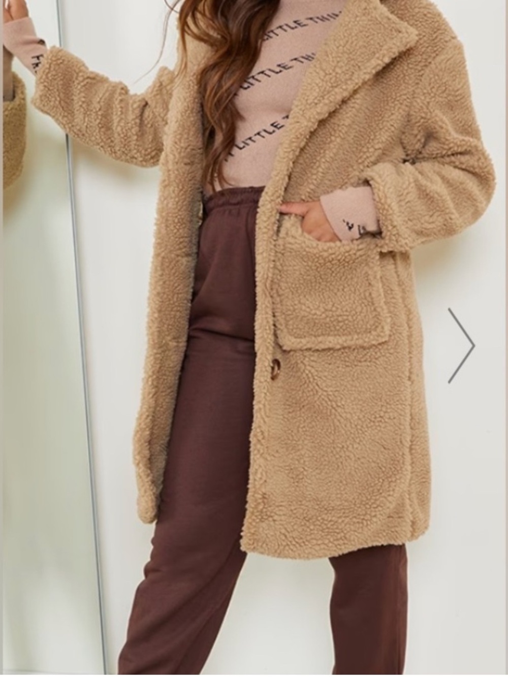 PrettyLittleThing Camel Teddy Shearling Button Coat